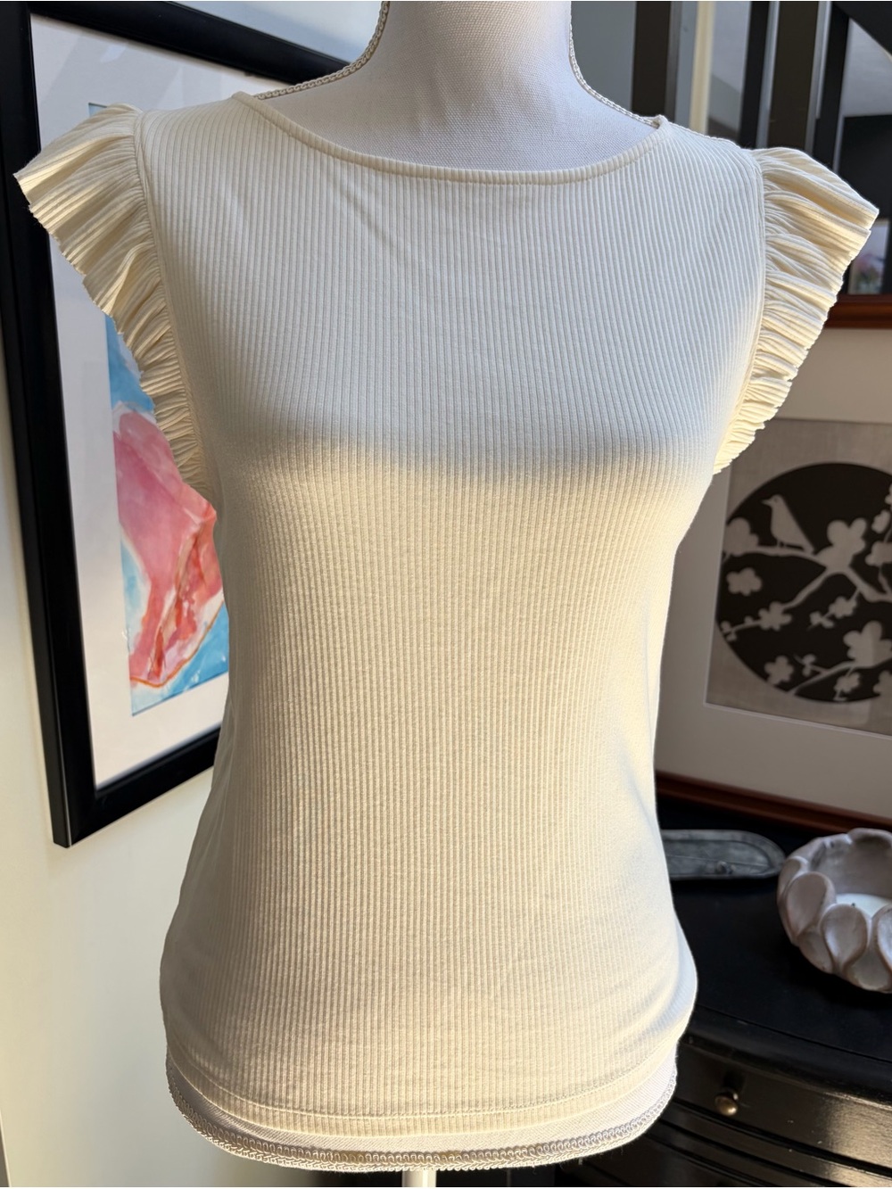 J. Crew Cream Ribbed Tank with Pleated Cap Sleeves
